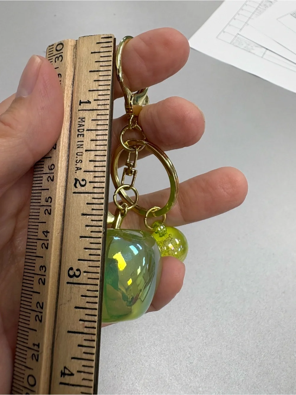 NWOT Iridescent Lime Green Glass Apple Keychain Charm Gold Rhinestone Leaf Cute